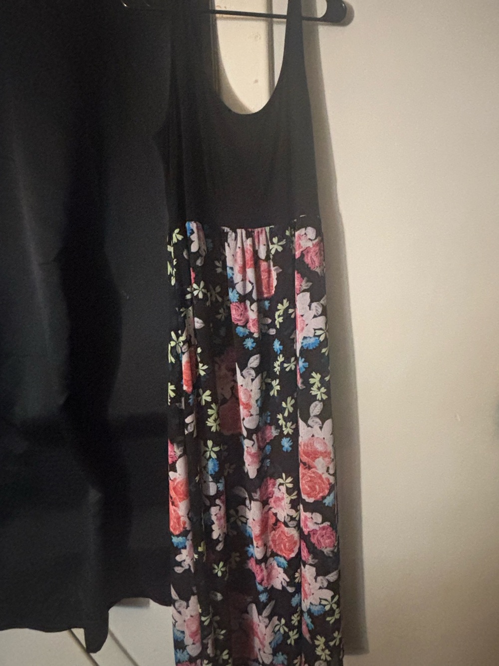 Black Floral Maxi Dress with Pink and Blue Floral Print
